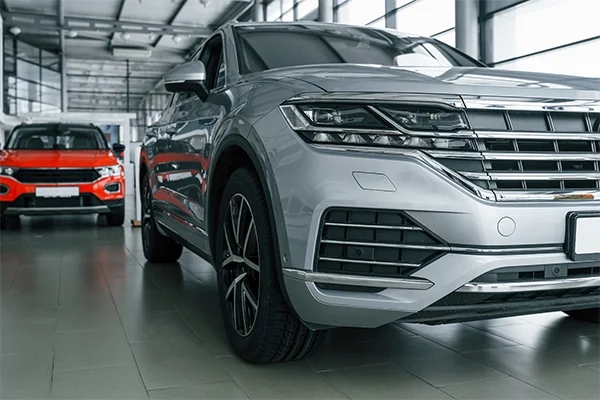 silver VW suv on showroom floor
