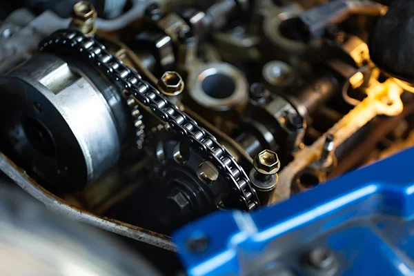 close up of an engine timing chain and camshafts